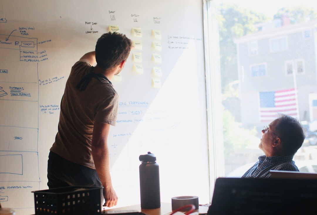 Startup team brainstorming around whiteboard